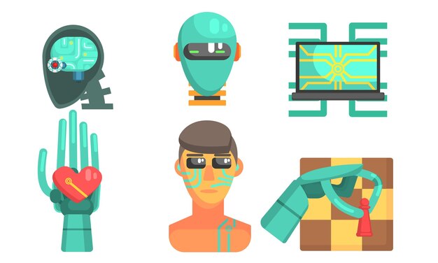 Vector iconos de inteligencia artificial conjunto de objetos de tecnología cibernética robótica ilustración vectorial