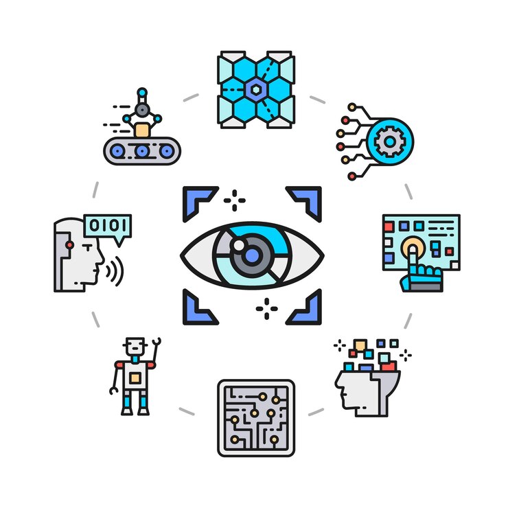 Vector iconos de inteligencia artificial establecidos en un círculo. robótica, chatbot, base de datos, icono de promoción de big data aislado en fondo blanco.
