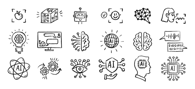 Iconos de inteligencia artificial grunge tiza dibujada a mano pincel de garabateo conjunto de contorno ai lápiz de dibujo