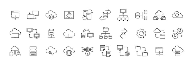 Iconos de intercambio de datos Transferencia de datos y conexión a la red Icones de línea delgada Servicio de alojamiento en línea