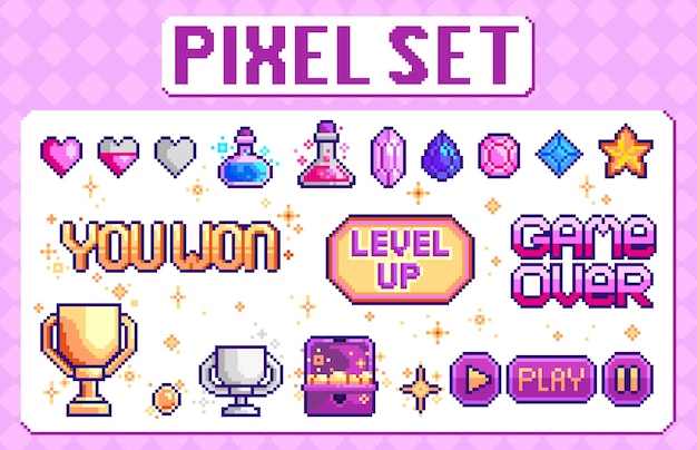 Iconos de la interfaz establecidos por elementos de juego retro de píxeles