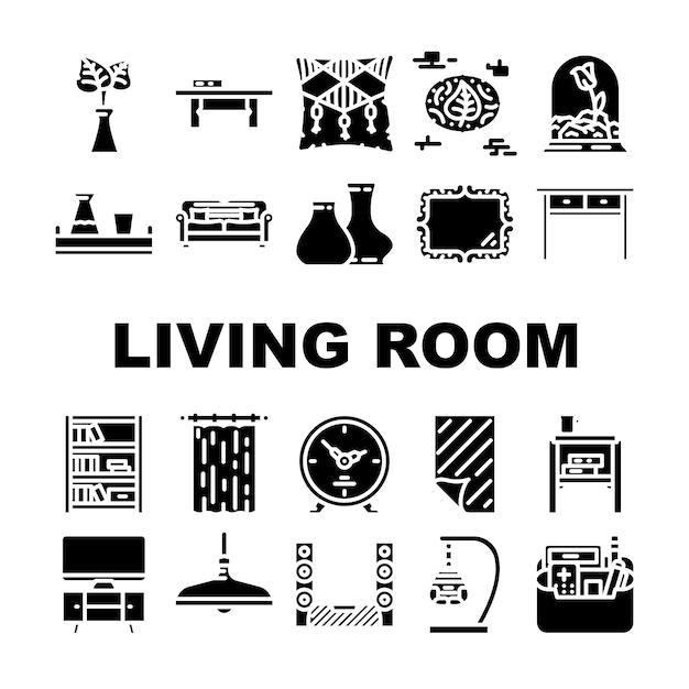 Los iconos interiores de la sala de estar establecen muebles vectoriales sofá moderno hogar apartamento sofá deco lámpara estilo sala de estar interior pictograma de glifo ilustraciones