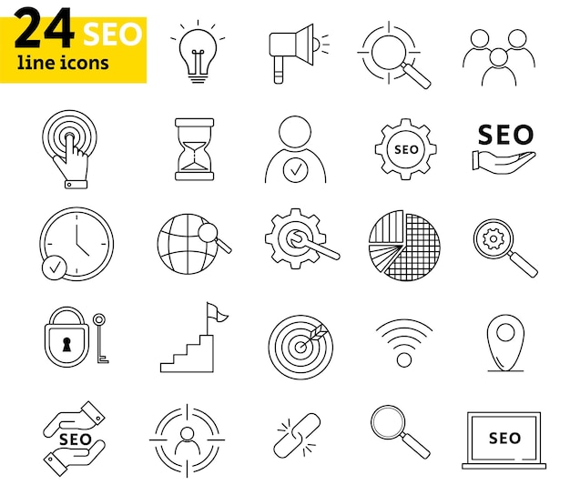 Iconos de internet y seo desarrollo web conjunto de iconos de vector de línea delgada iconos de línea de promoción y seo