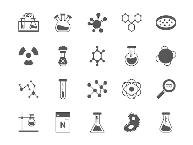 Iconos de investigación de laboratorio de ciencia química Equipo de pruebas de laboratorio químico Experimentos científicos de ADN Estructura de moléculas de frasco y átomos Signo radioactivo Conjunto de pictogramas de medicina vectorial