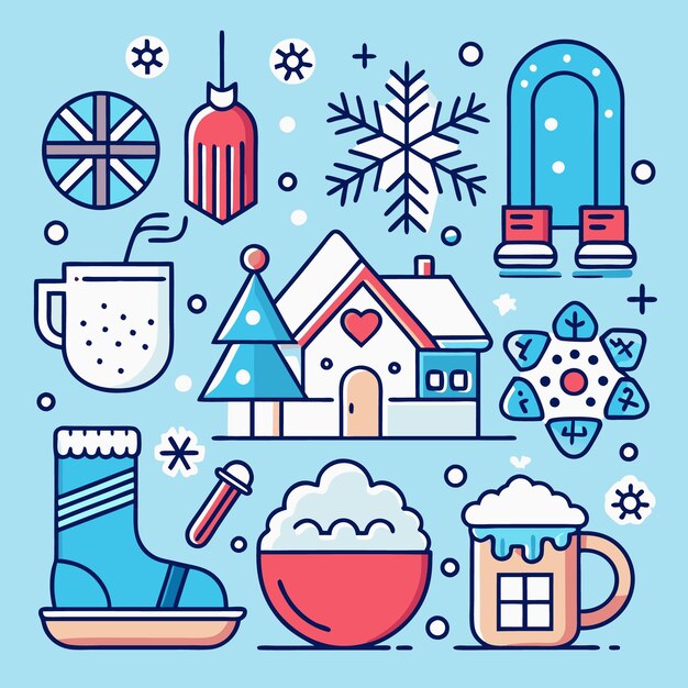 Iconos de invierno con una casa acogedora bebidas calientes botas un copo de nieve y un árbol de Navidad