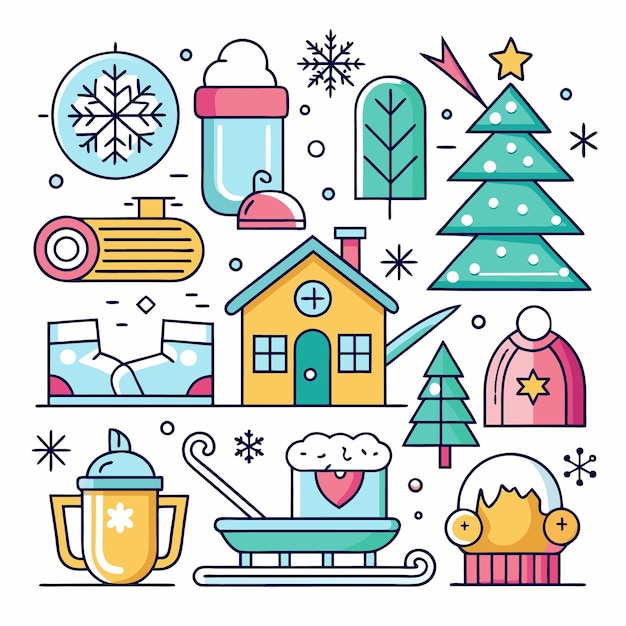 Iconos de invierno coloridos que incluyen un árbol de Navidad una casa un muñeco de nieve y un trineo