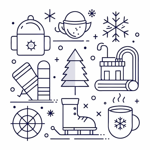 Iconos de invierno con un copo de nieve bebida caliente patines sombrero esquí y árbol