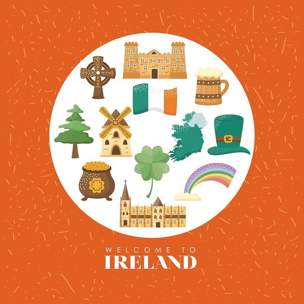 Vector iconos de irlanda en círculo