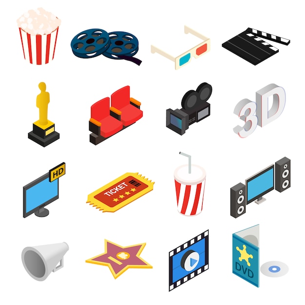 Los iconos isométricos 3d del cine fijaron aislado en el fondo blanco