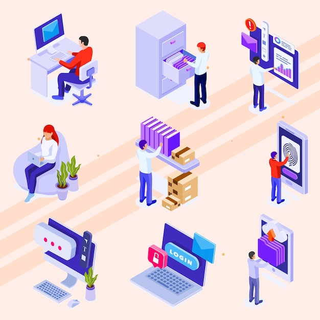 Iconos isométricos de artículos y actividades del lugar de trabajo de la oficina