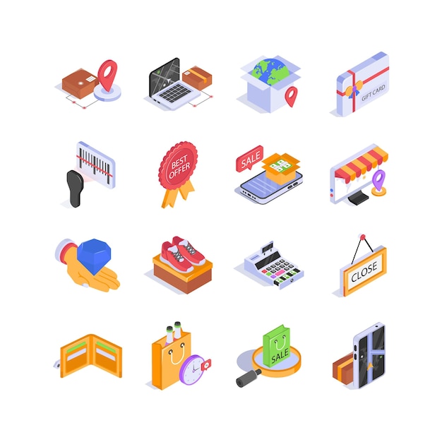 Iconos isométricos bien diseñados para compras en línea listos para uso premium