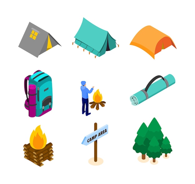 Iconos isométricos de camping