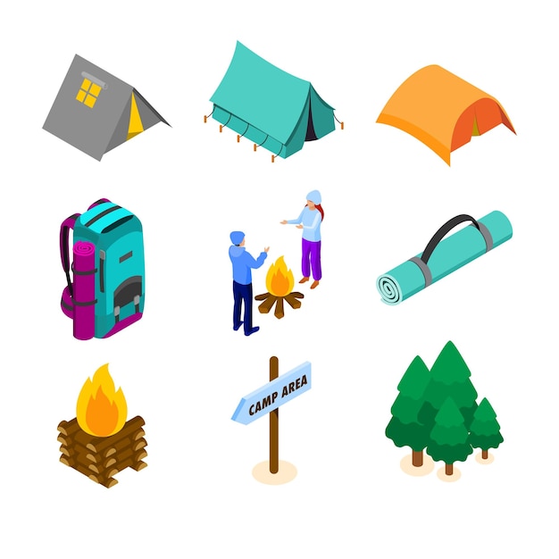 Iconos isométricos de camping