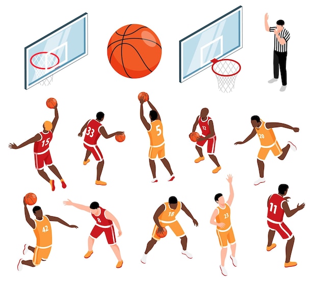 Iconos isométricos con canasta de pelota de jugadores de baloncesto y árbitro 3d ilustración vectorial aislada