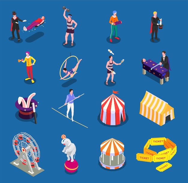 Iconos isométricos de circo con acróbatas y animales ilustraciones vectoriales aisladas