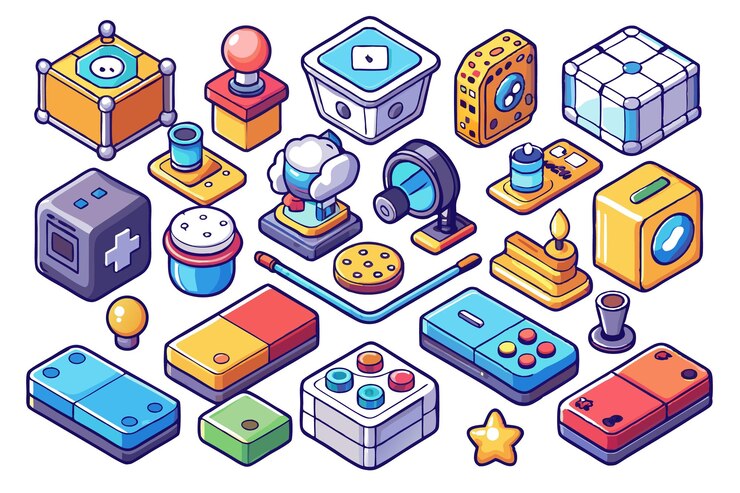 Vector iconos isométricos coloridos de controladores de juegos, joysticks y otros dispositivos de juego