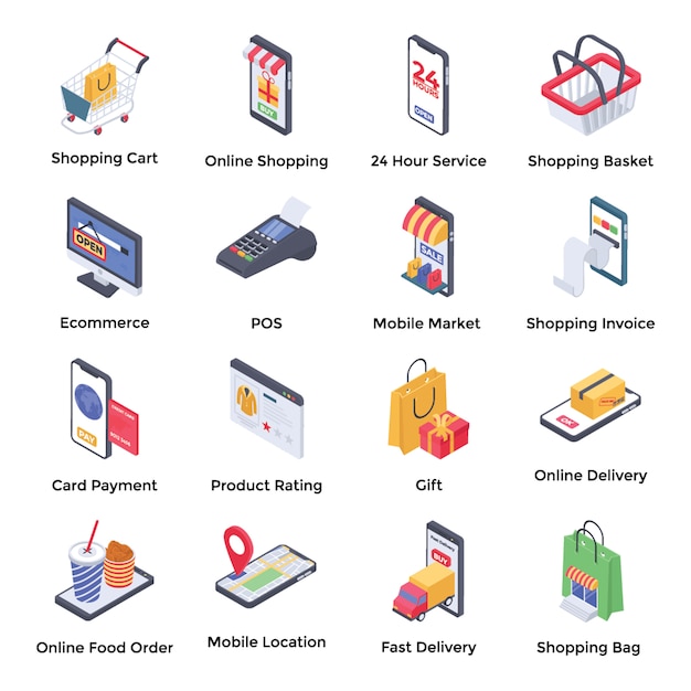 Iconos isométricos de comercio electrónico