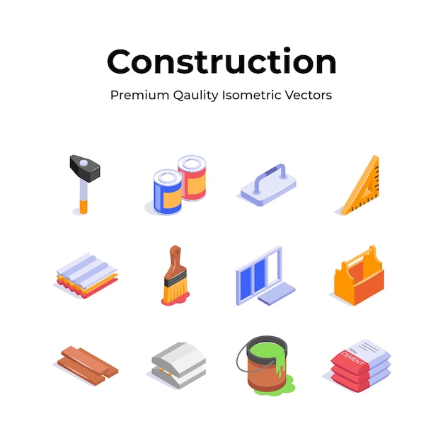 Iconos isométricos de construcción en estilo de diseño moderno listos para usar vectores