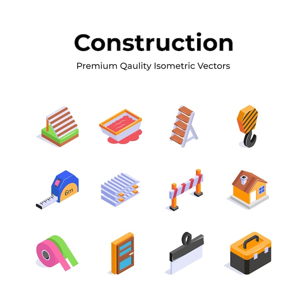 Iconos isométricos de construcción de moda listos para usar vectores