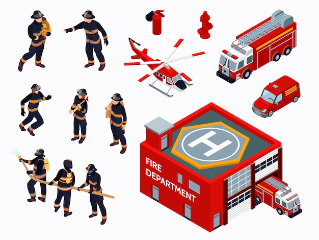 Iconos isométricos del departamento de bomberos con bomberos en equipo uniforme y transporte especial de ilustración vectorial aislada de color rojo