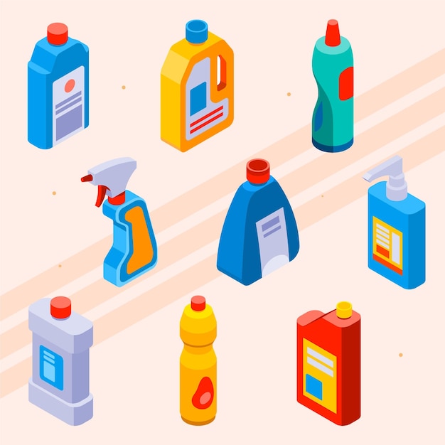 Iconos isométricos con diferentes tipos de detergentes y productos de limpieza