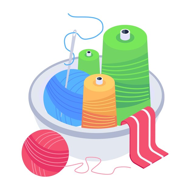 Iconos isométricos de herramientas de costura y textil