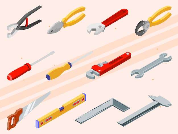 Iconos isométricos de herramientas manuales utilizadas en varios oficios