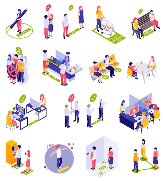 Iconos isométricos ilustraron cómo mantener una distancia segura de otros en oficinas públicas y al aire libre ilustración vectorial aislada