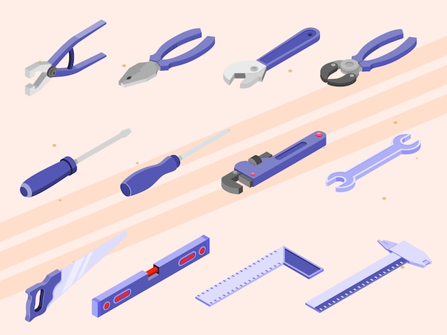 Iconos isométricos de kits de herramientas y herramientas de reparación