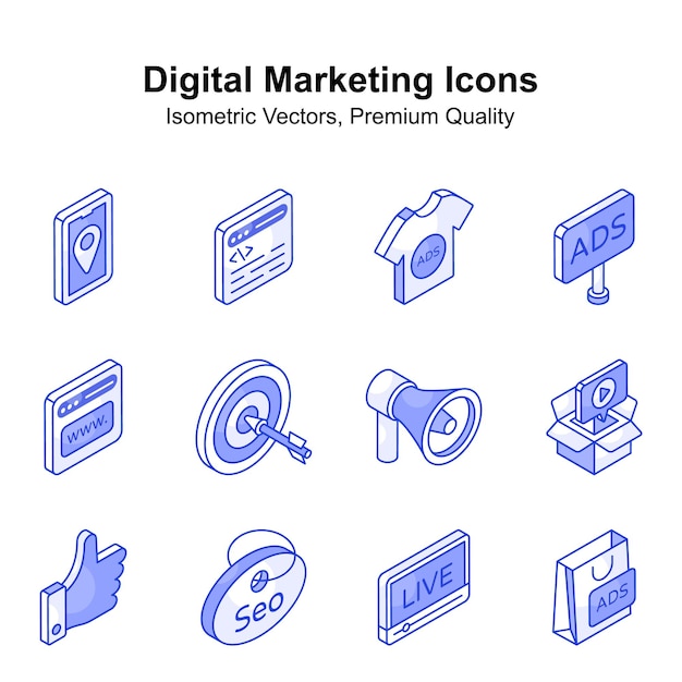 Iconos isométricos de marketing digital aislados sobre un fondo blanco
