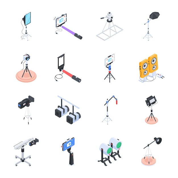 Vector iconos isométricos modernos que representan accesorios de videografía