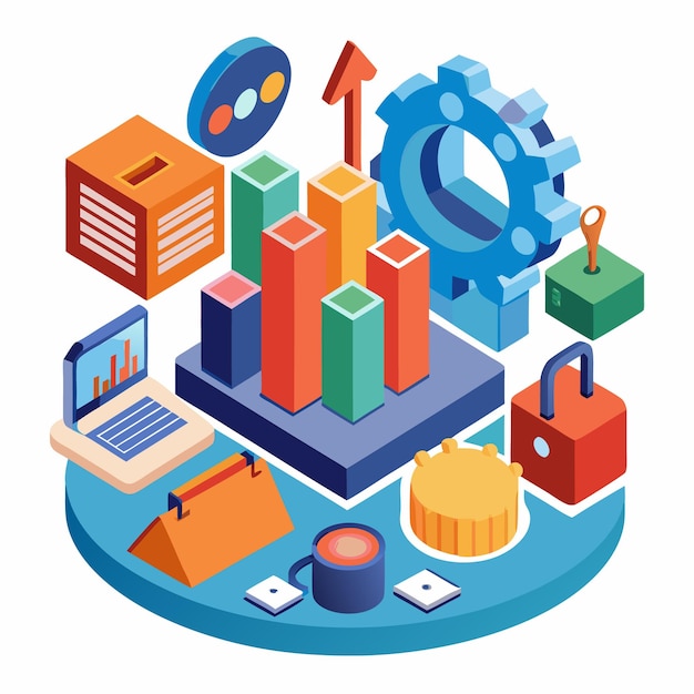 Iconos isométricos de oficina y negocios Conjunto de ilustraciones vectoriales 3D para la productividad