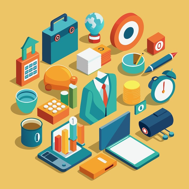 Iconos isométricos de oficina y negocios Conjunto de ilustraciones vectoriales 3D para la productividad
