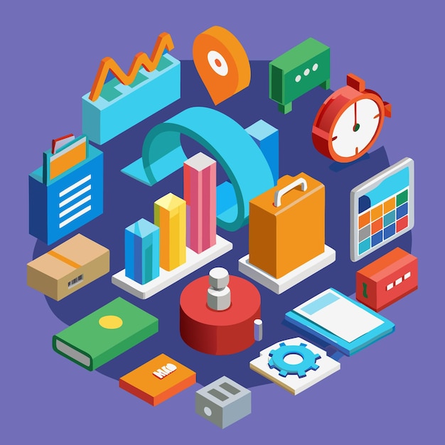 Iconos isométricos de oficina y negocios Conjunto de ilustraciones vectoriales 3D para la productividad