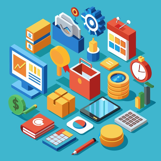Iconos isométricos de oficina y negocios Conjunto de ilustraciones vectoriales 3D para la productividad