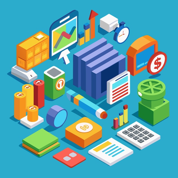 Iconos isométricos de oficina y negocios Conjunto de ilustraciones vectoriales 3D para la productividad