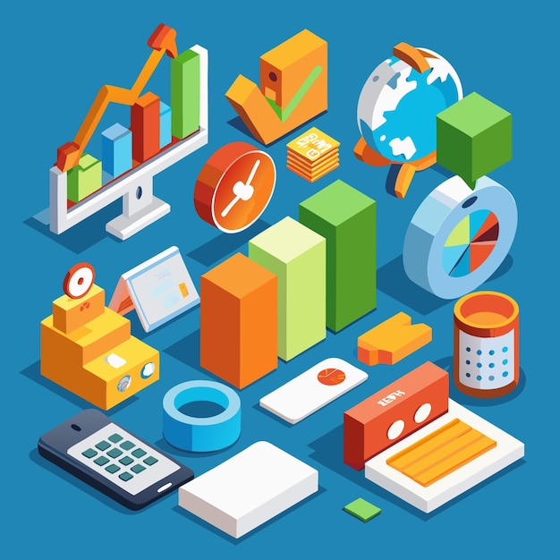 Iconos isométricos de oficina y negocios Conjunto de ilustraciones vectoriales 3D para la productividad