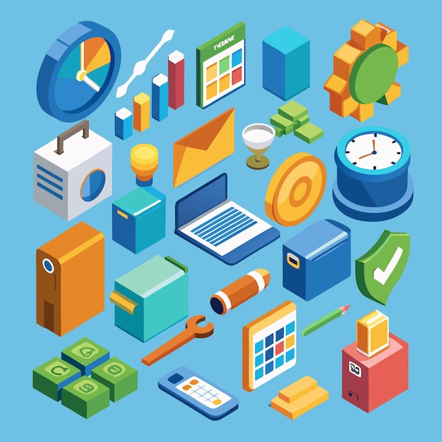 Iconos isométricos de oficina y negocios Conjunto de ilustraciones vectoriales 3D para la productividad