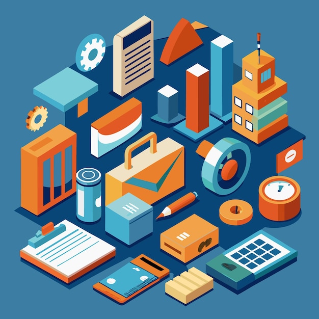 Iconos isométricos de oficina y negocios Conjunto de ilustraciones vectoriales 3D para la productividad