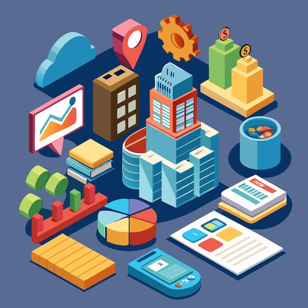 Iconos isométricos de oficina y negocios Conjunto de ilustraciones vectoriales 3D para la productividad