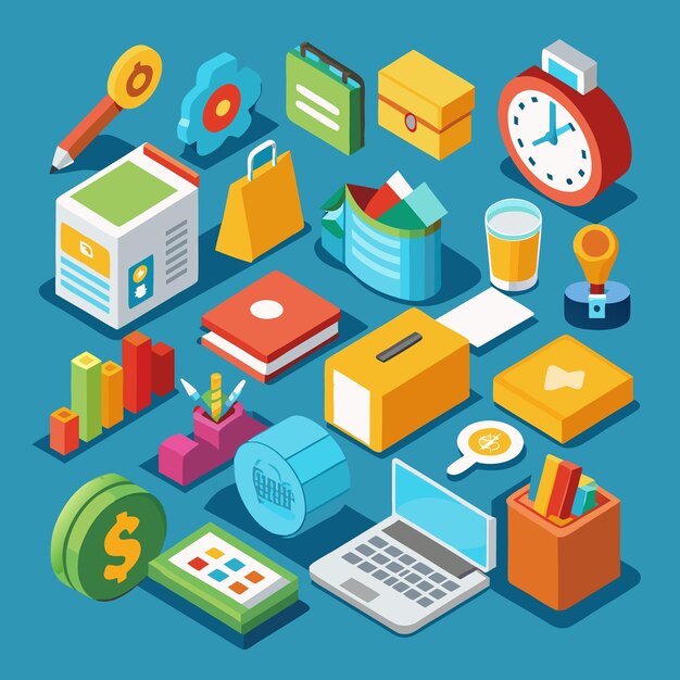 Iconos isométricos de oficina y negocios Conjunto de ilustraciones vectoriales 3D para la productividad