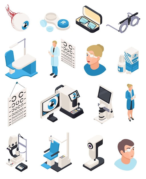 Iconos isométricos de oftalmología con imágenes aisladas de cabezas humanas y examen de la vista del ojo ilustración vectorial del aparato médico