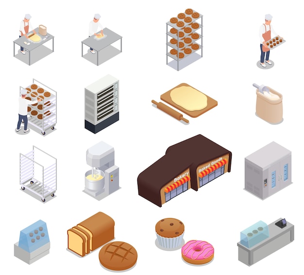 Vector iconos isométricos con pan horneado postres panaderos panadería edificio y equipo aislado sobre fondo blanco 3d ilustración vectorial