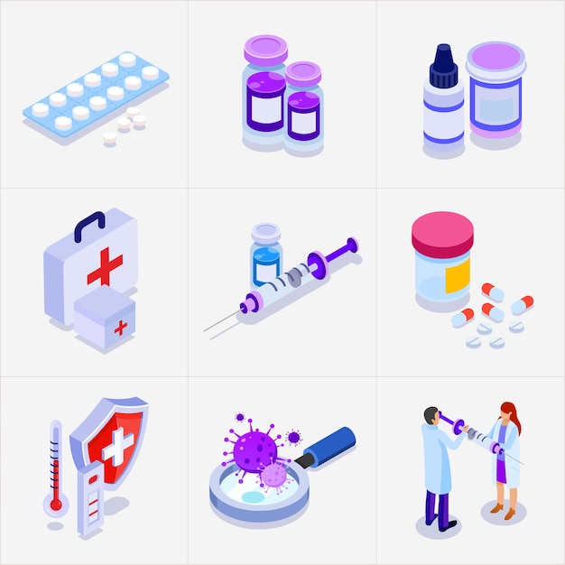 Iconos isométricos que representan varios aspectos de la medicina y la atención médica