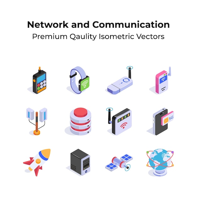 Iconos isométricos de red y comunicación configurados en un estilo de diseño de moda