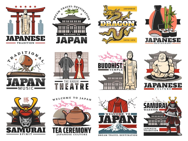 Iconos de japón de viajes, comida y cultura.