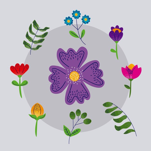 Vector iconos de jardín floral alrededor