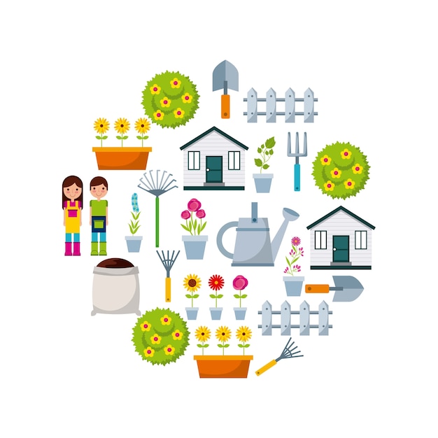 iconos de jardinería en forma de círculo