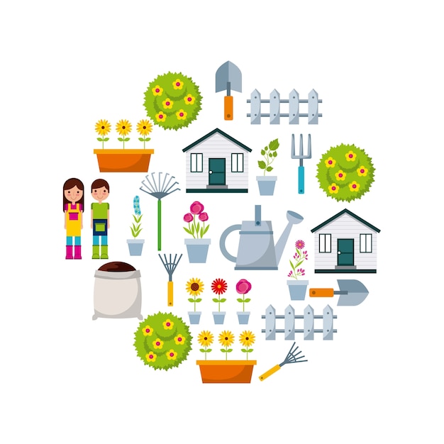 Vector iconos de jardinería en forma de círculo