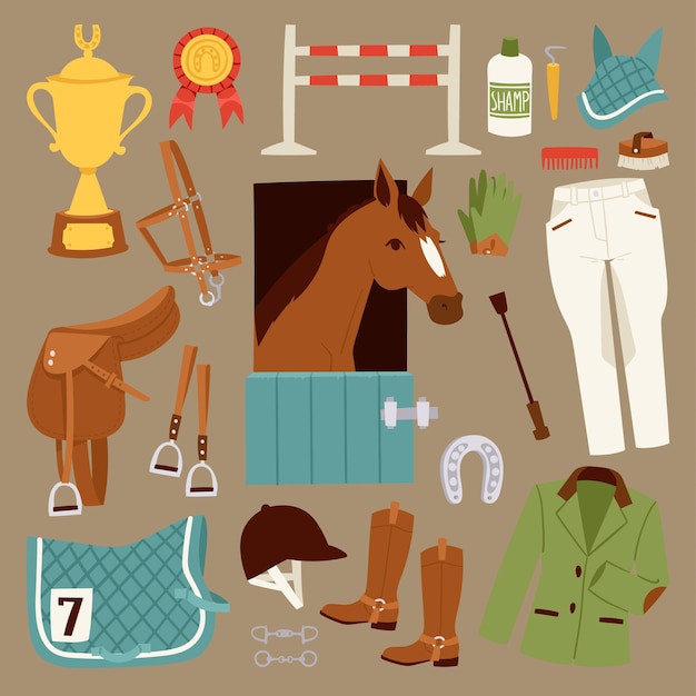 Iconos de jockey de color plano con equipo para montar a caballo aislado y carrera de deporte de silla de montar de herradura ...